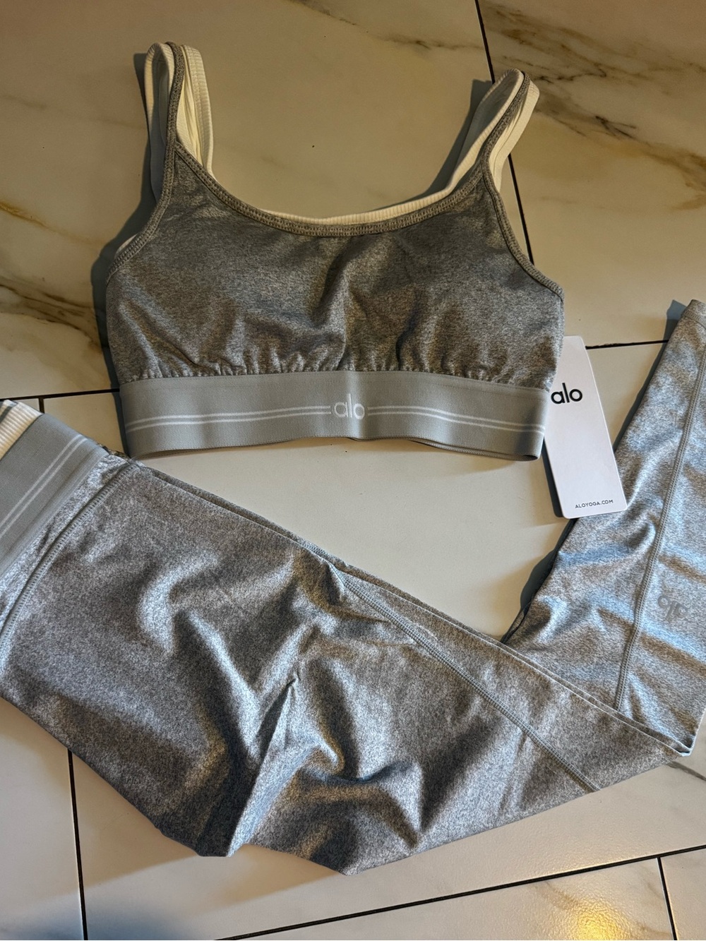 ALO Yoga Kids Silver Seamless Leggings and Sports Bra Set